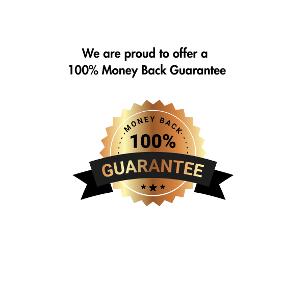 100% money back guarantee badge on a white background